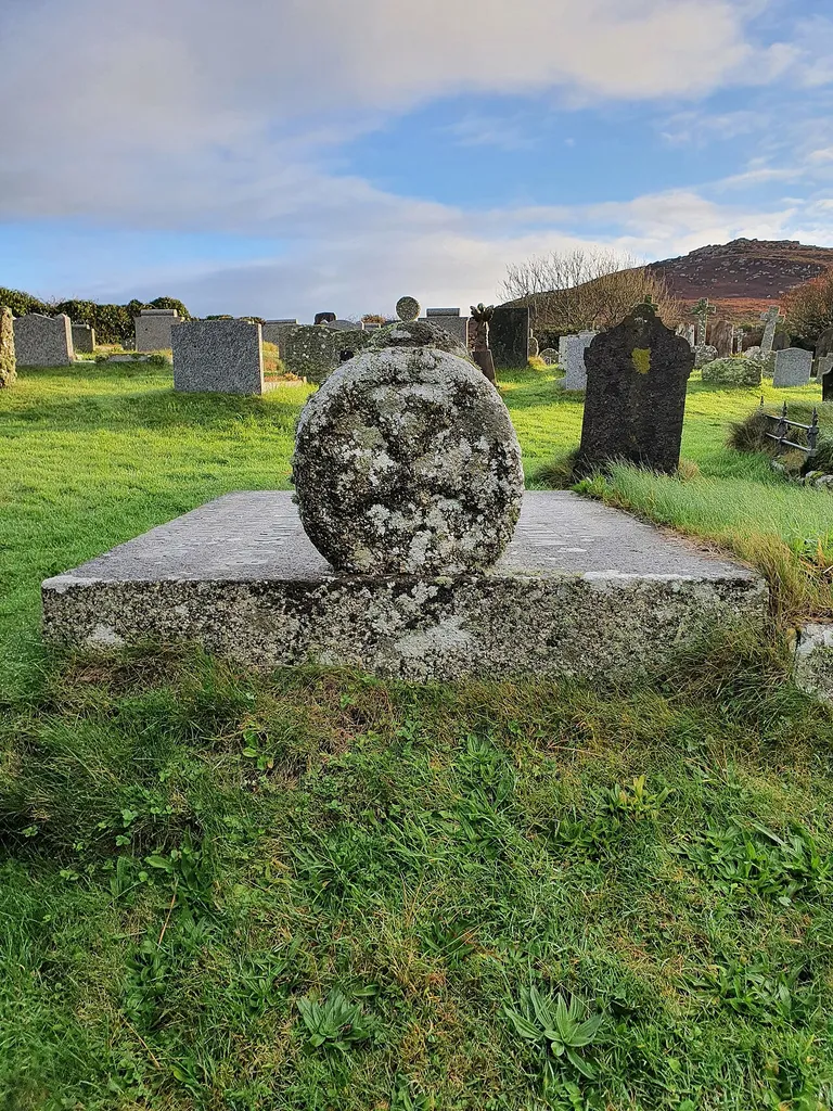 Vicar of Zennor, William Borlase (died 1888) chest tomb with a medieval cross at each end.Also MB, died 1850; ABM, died 1861; MJB, died 1862; AMB, died 1867 and Admiral John Borlase, CB, died 1895.