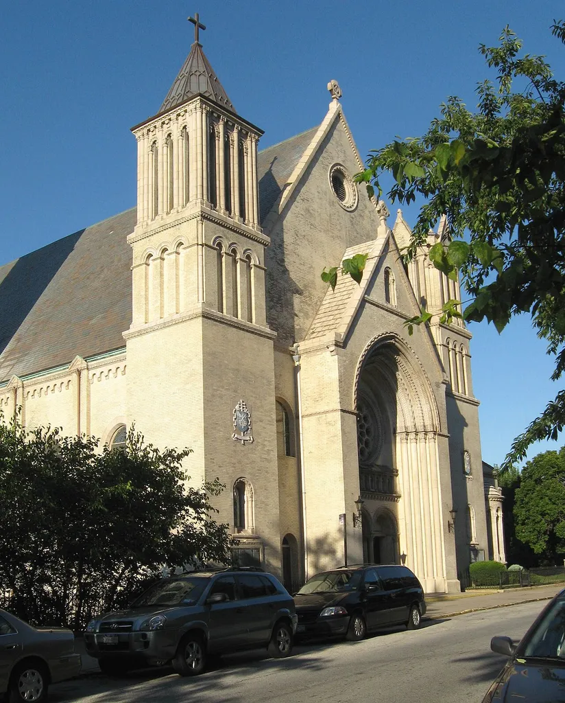 Looking northeast at St Peters Roman Catholic Church on St Marks Street, Staten Island on a sunny late afternoon