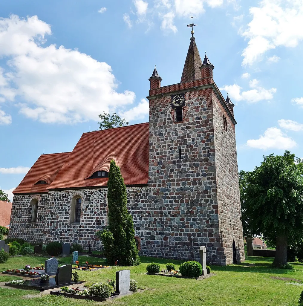 North-western view of the church in Heinersdorf , Schwedt municipality , Uckermark district, Brandenburg state, Germany.