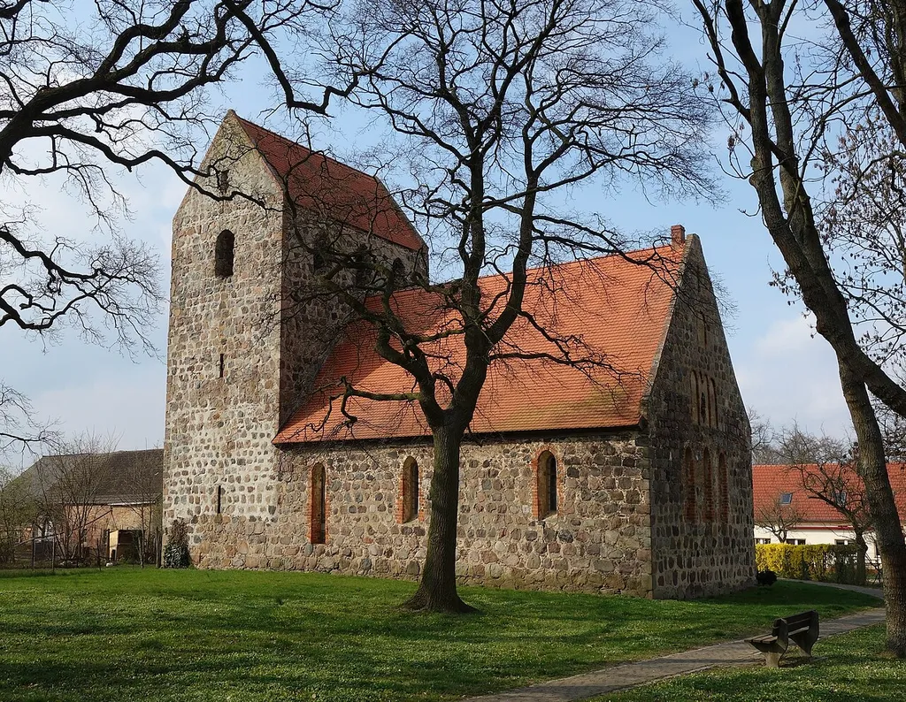 South-eastern view of the church in Holzhausen , Kyritz municipality , Ostprignitz-Ruppin district, Brandenburg state, Germany.