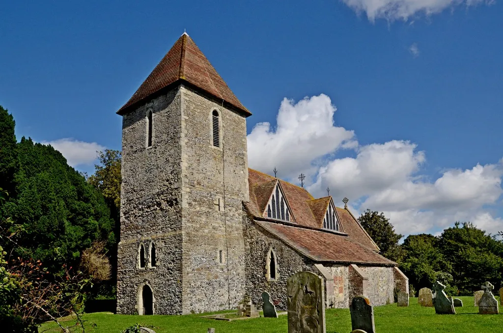 Church of St Mildred in Preston, Kent seen from the south west
