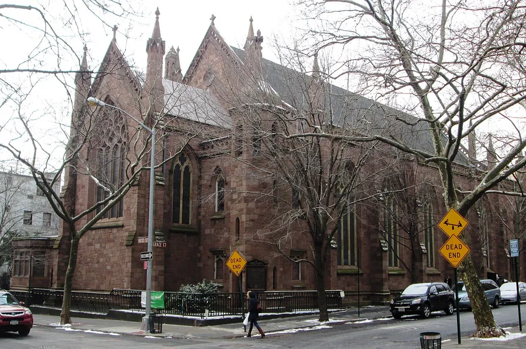 Grace Episcopal Church at 245 Hicks Street on the corner of Grace Court in the Brooklyn Heights neighborhood of Brooklyn, New York City was built in 1847-49 and was designed by Richard Upjohn in the Gothic Revival style. Grace Church was an offshoot of Christ Episcopal Church in Cobble Hill, which was Upjohn's home church. (Sources: Guide to NYC Landmarks (4th ed.) and AIA Guide to NYC (5th ed.))
