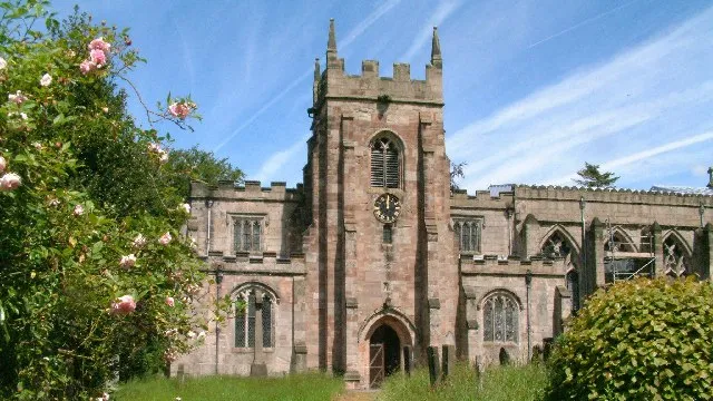SS Mary and Barlok parish church, Norbury, Derbyshire, seen from the south