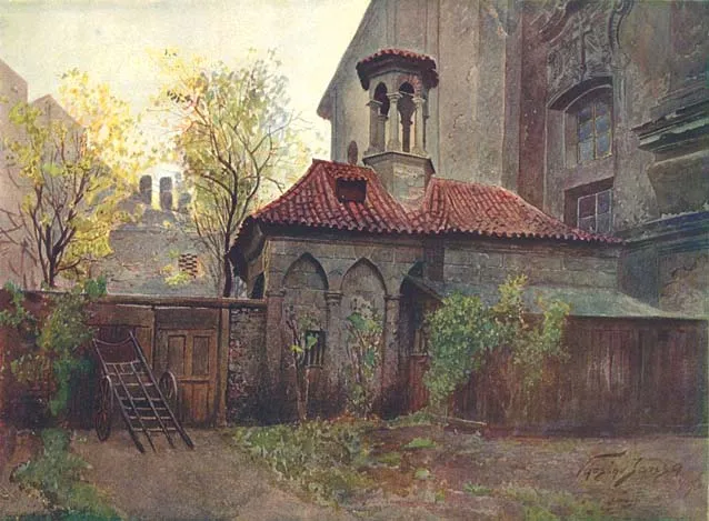 Kaple Božího hrobu na Zderaze (po pravé straně barokní kostel sv. Petra a Pavla, zbořen 1905)