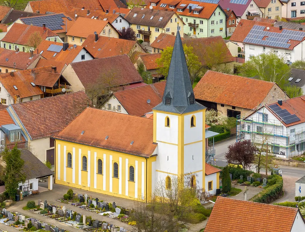Aerial view of the Roman Catholic branch church of St. Cyriakus in Staffelbach