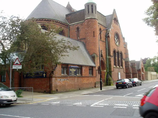 Parish church of St Mary the Virgin, Primrose Hill, London NW3, seen from the east from the junction of Primrose Hill Road and King Henry's Road
