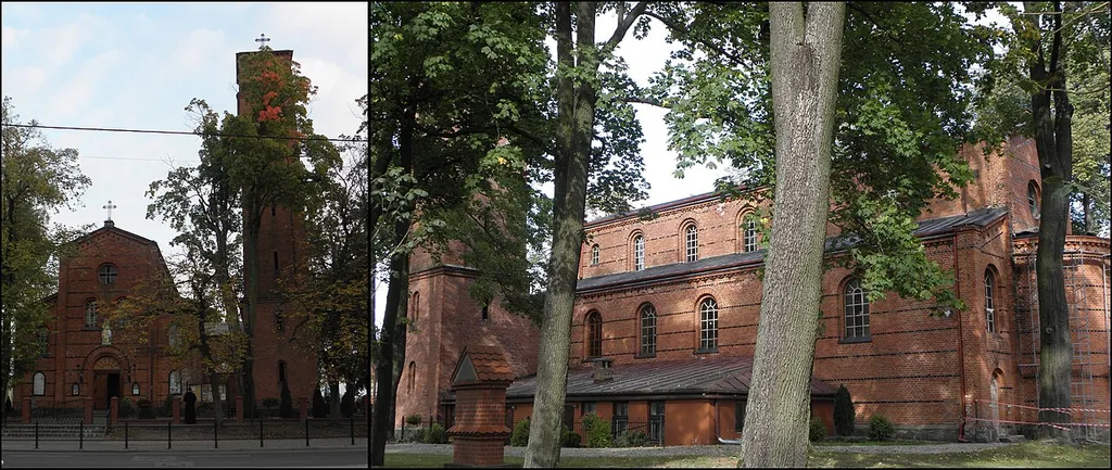 Kościół ewangelicko - augsburski, ob. rzymsko-katolicki pw. bł. Karoliny. Widok od frontu; widok z boku. Gmina Biskupiec, powiat olsztyński.