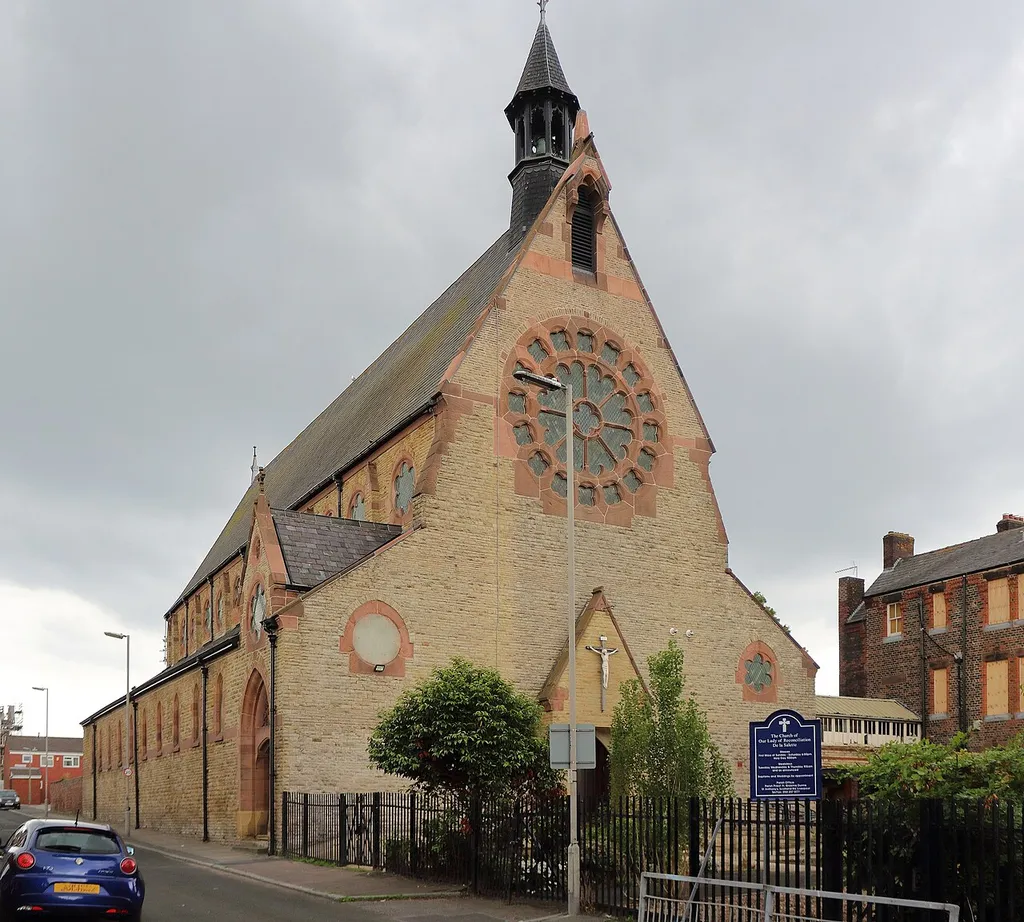 Grade II listed RC church by E. W. Pugin, 1869 - 70. View of the west end from Eldon Street.