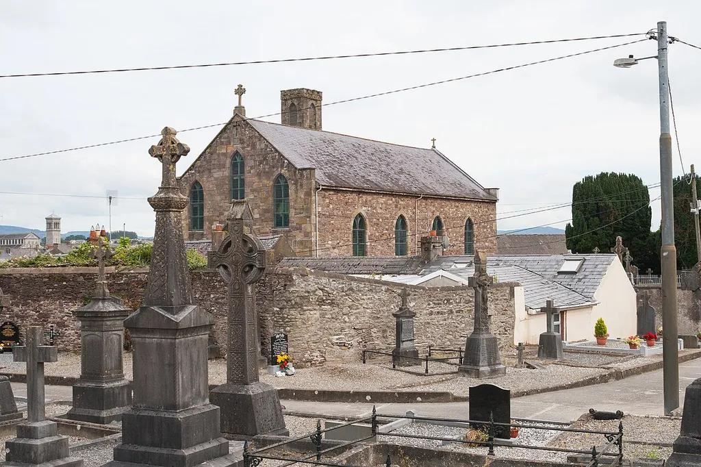 Saint Molleran's Church on the site of the former medieval Franciscan friary as seen from the graveyard of the modern Franciscan friary, looking north-east.