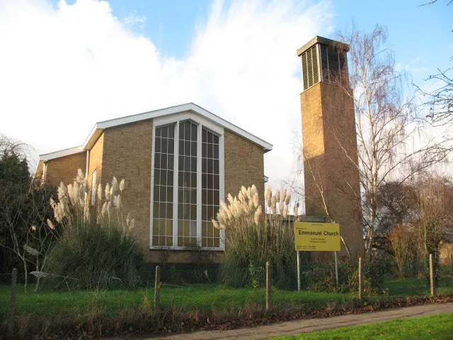 Emmanuel church, Morden - East end This is the most visible face of the building, seen from the A24, but the entrance is at the other end. The church was built in 1962. The tower is only decorative: although built to look like a belfry it has never contained bells.