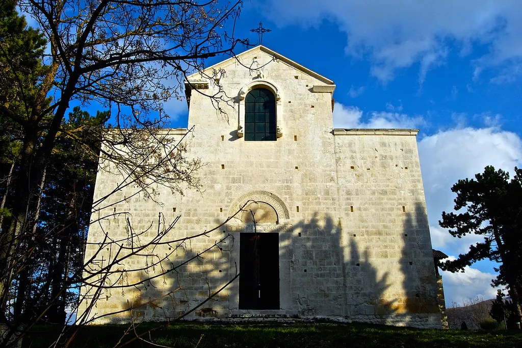 Façade of the Church of Santa Maria Assunta in Bominaco, Italy