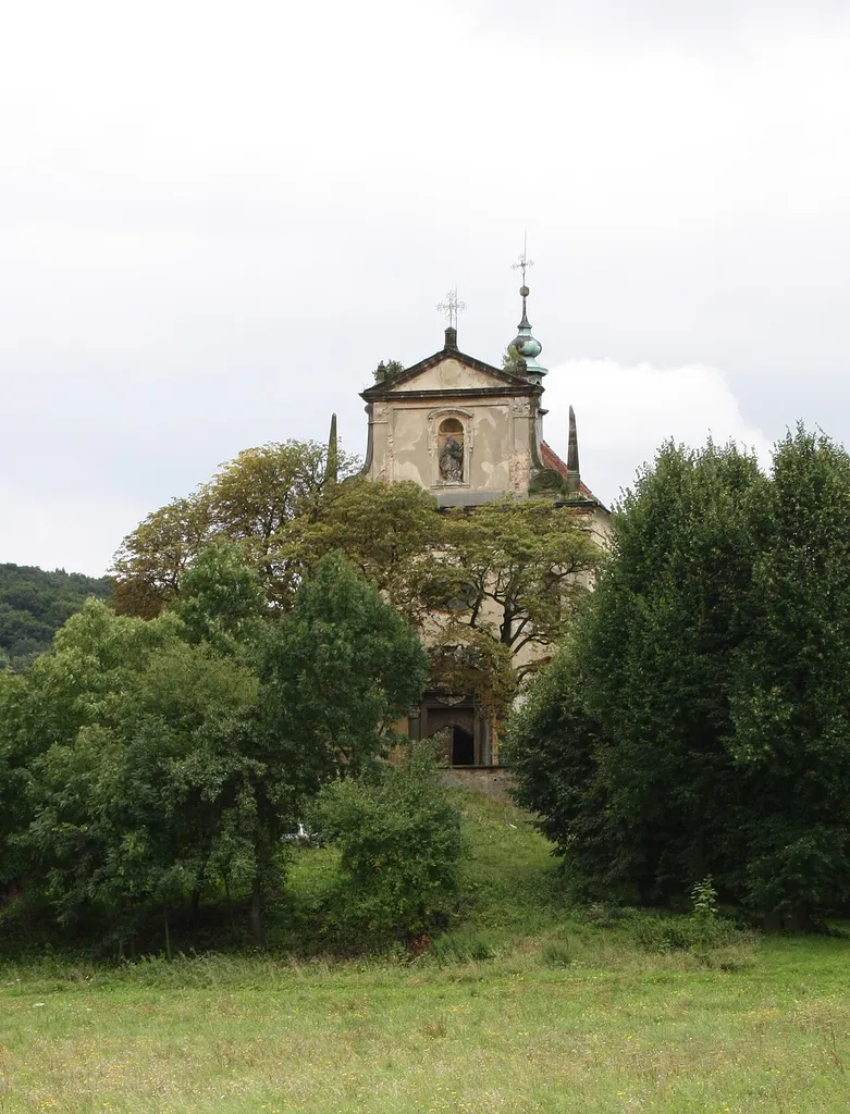 Church of St. Anthony of Padua in Milešov village (Velemín municipality) as seen from the road, Litoměřice District, Czech Republic.
