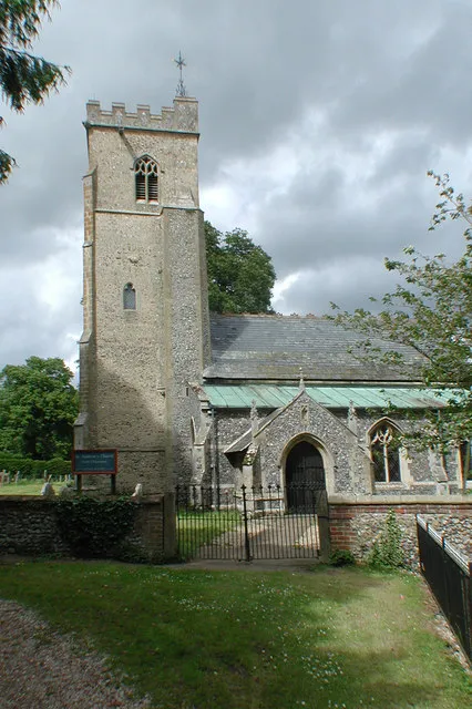 South porch and west tower of St Andrew's parish church, North Pickenham, Norfolk, seen from the south