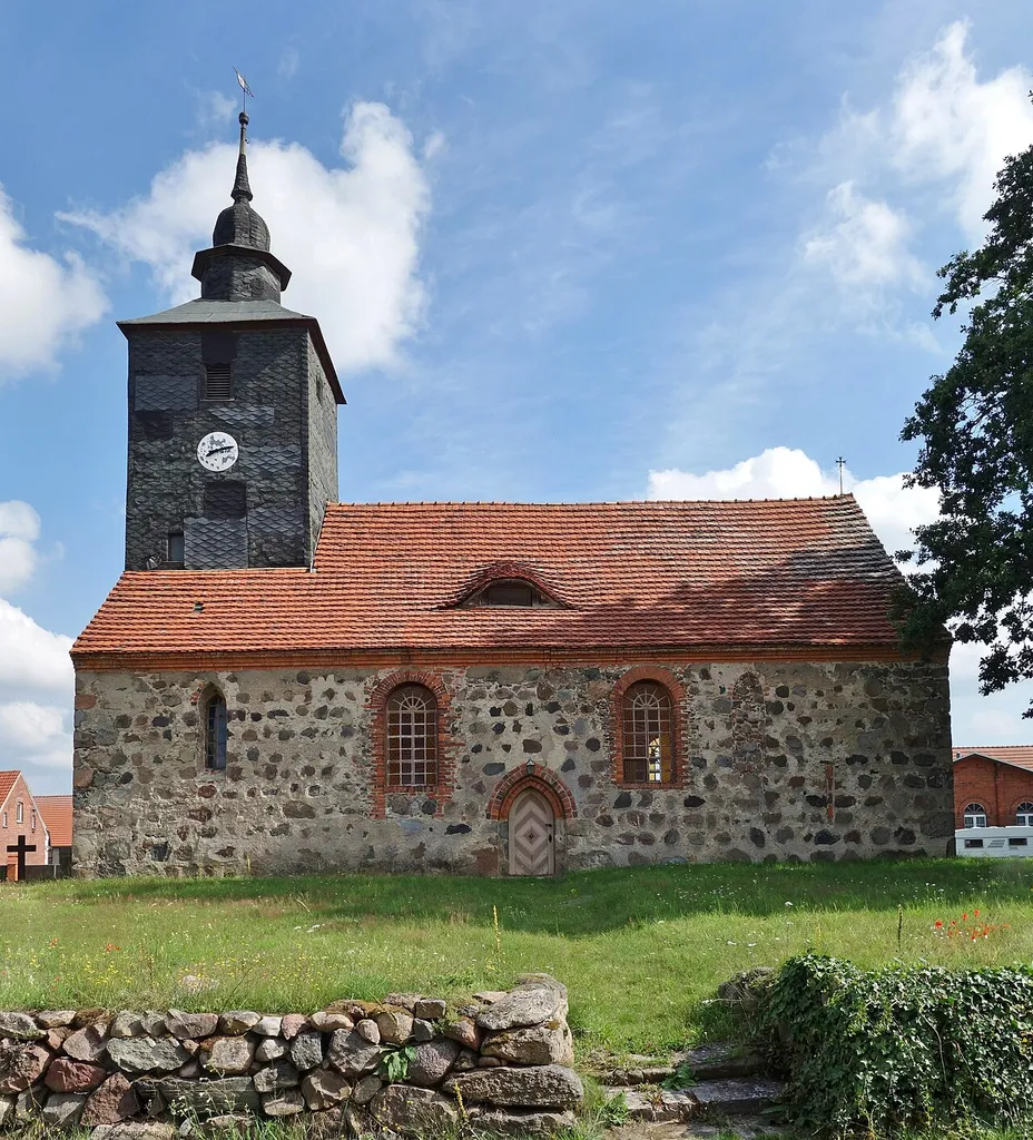 South-south-western view of the church in Kemnitz , Pritzwalk municipality , Prignitz district, Brandenburg state, Germany.