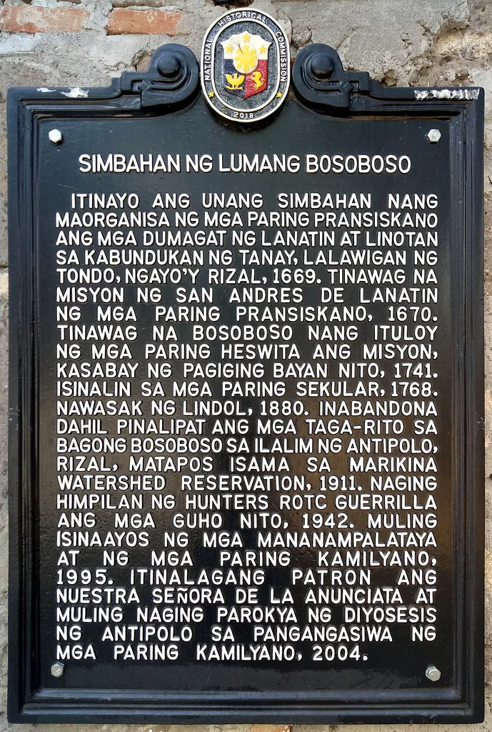 Historical marker created by the National Historical Commission of the Philippines in 2018 to commemorate Bosoboso Church