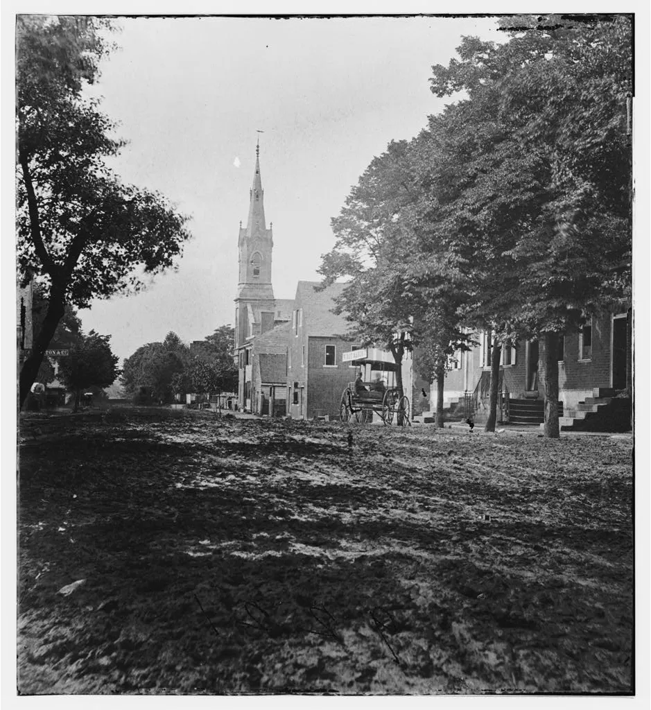 Fredericksburg, Virginia. View on Princess Anne Street showing Baptist church and 6th Corps hospital