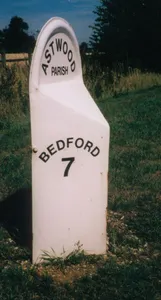 Milepost, Newport Road; at jct for Astwood village and church