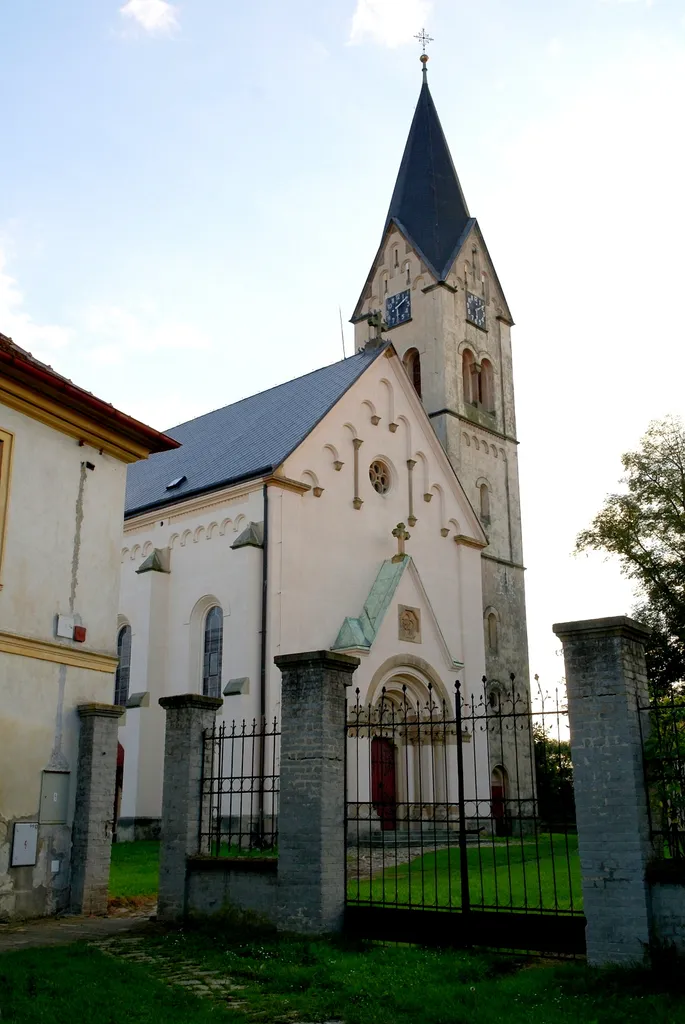 Church of the Annunciation of the Virgin Mary, Úhonice, Prague-West District. Church with the bell tower.