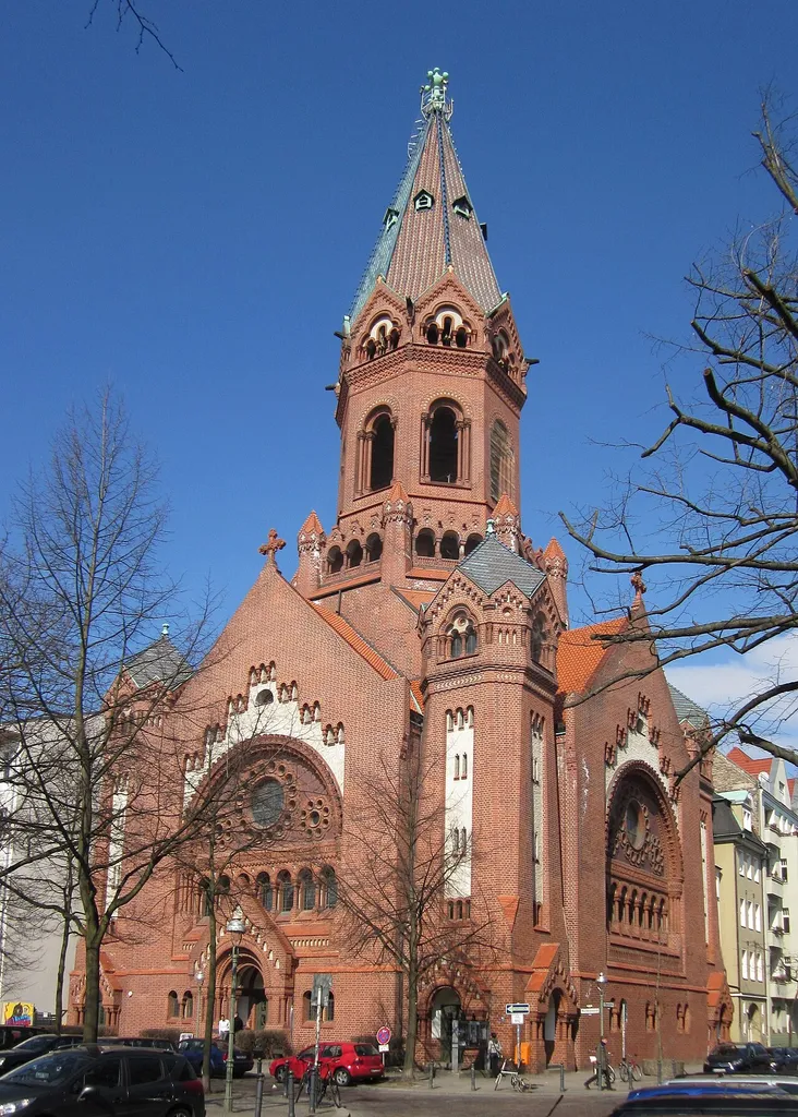 The protestant Passionskirche (Passion Church) on Marheinekeplatz in Berlin-Kreuzberg. It was built from 1904 to 1907 to a design by Theodor Astfalck. The church has been designated as a historic landmark.