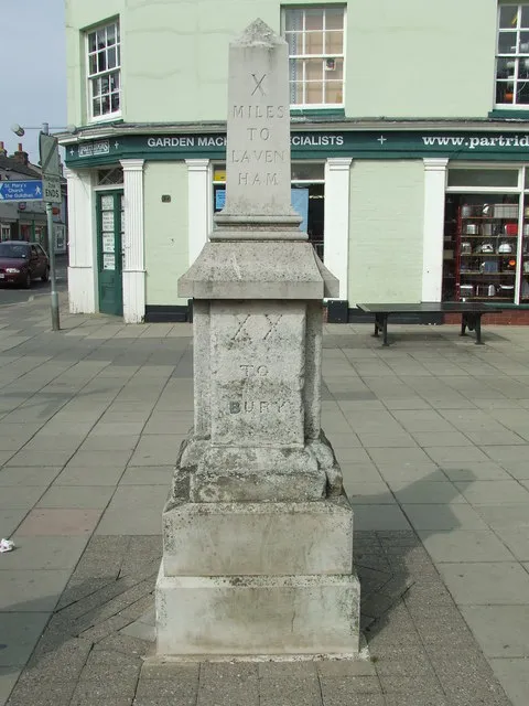 Obelisk Distance Post. Obelisk distance post Hadleigh High Street, Suffolk. For info on the oberlisk see http://www.milestonesweb.com/sites/tm027425.htm For other views see 1240304 and 1240310
