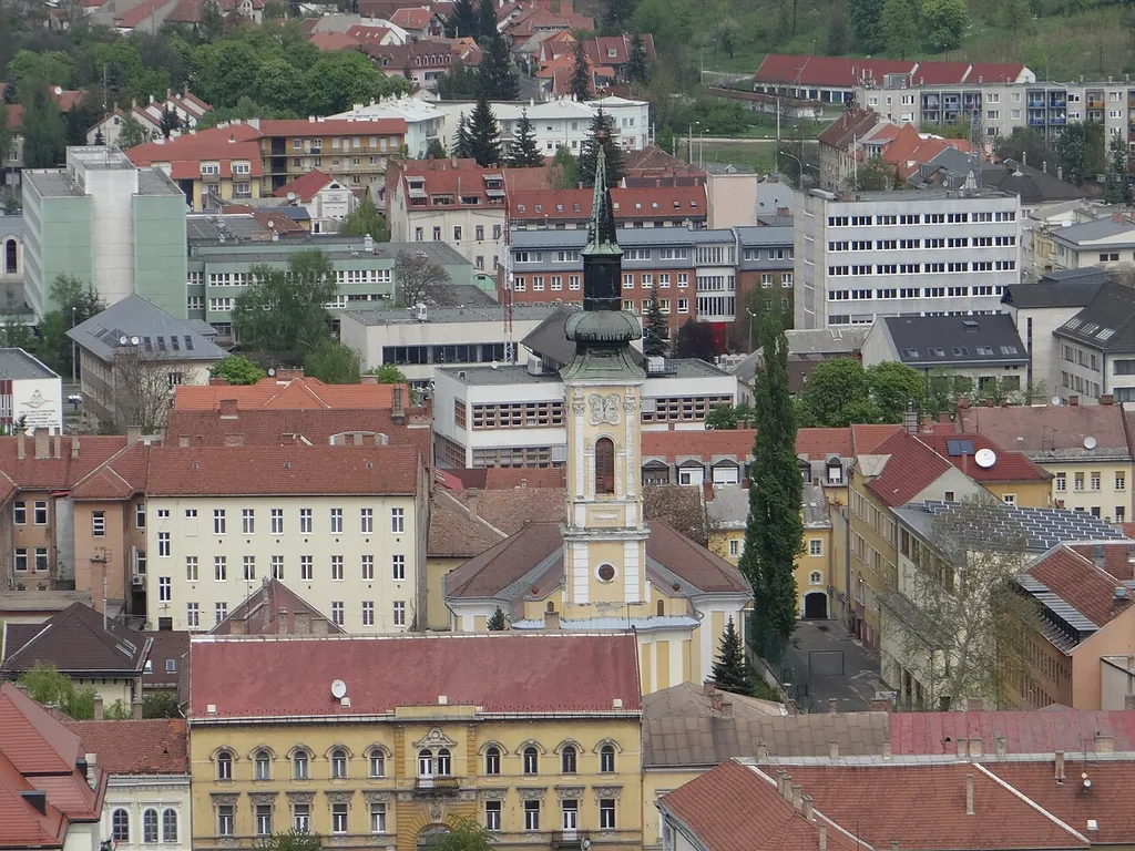 Downtown Evangelical Church Miskolc from Avas TV Tower, Hungary