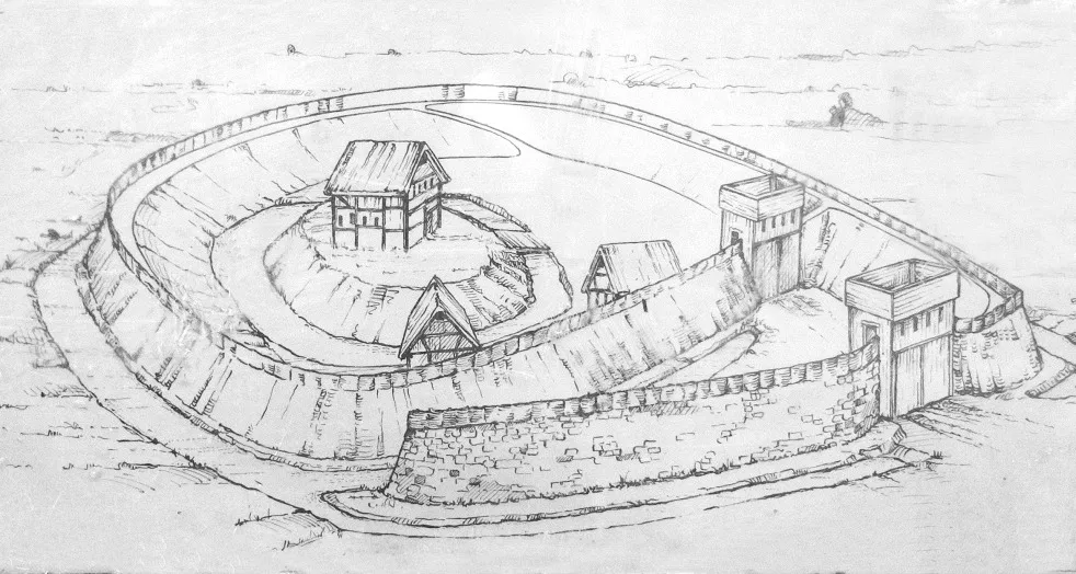 Rekonstruktion der Burg Heeßel auf einem Schild an der Burgstelle