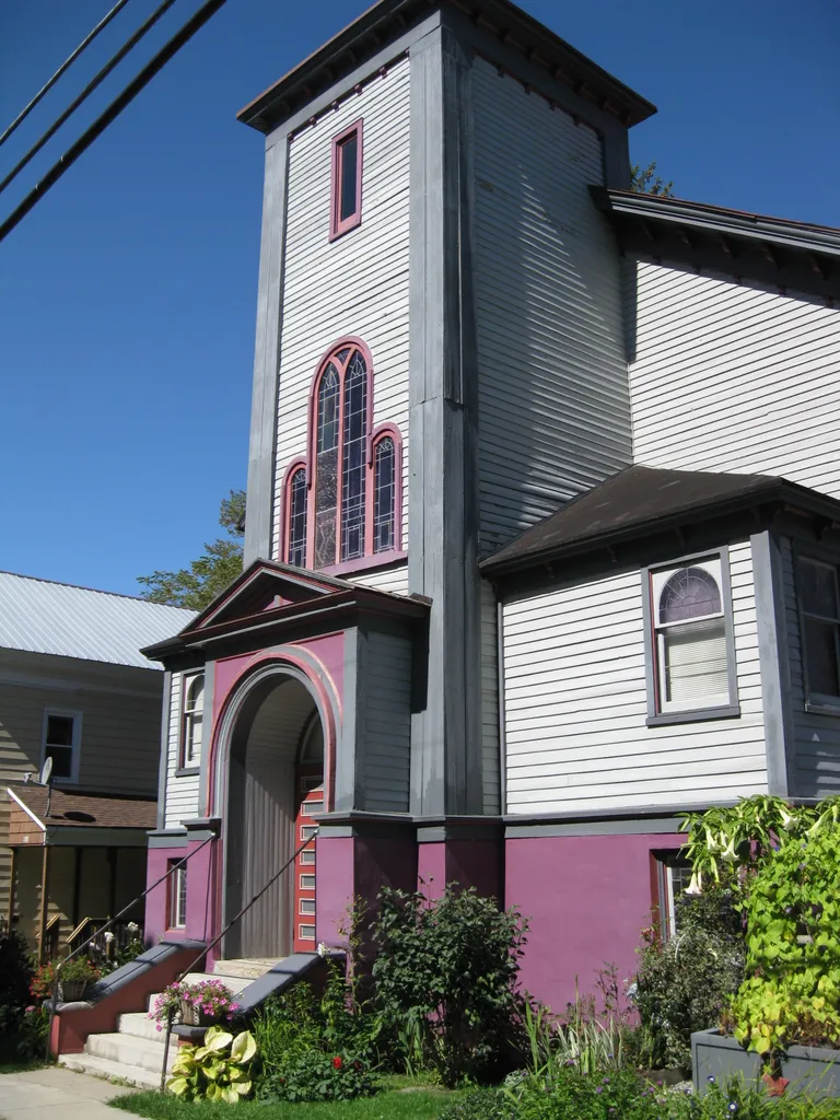 The former Waterville Methodist Church on White Street in Waterville, New York. Built in 1860, it was used until 1967, when the church moved to Tower Street on the west side of town. It is now a thrift shop.