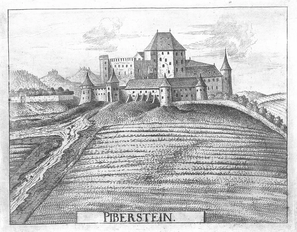 Engraving, view of Piberstein castle, Upper Austria, drawing from M. Vischer 1674