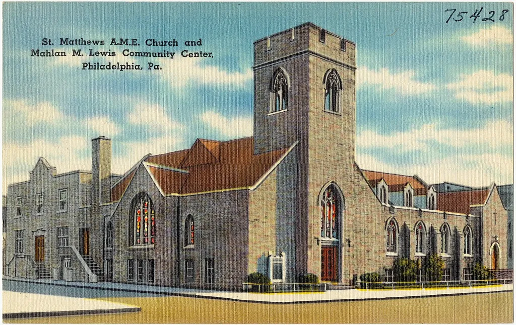 Title: St. Matthews A. M. E. Church and Mahlan M. Lewis Community Center, Philadelphia, Pa. Subjects: Churches Places: Pennsylvania > Philadelphia (county) > Philadelphia Notes: Title from item. Extent: 1 print (postcard) : linen texture, color ; 3 1/2 x 5 1/2 in. Accession #: 06_10_018036