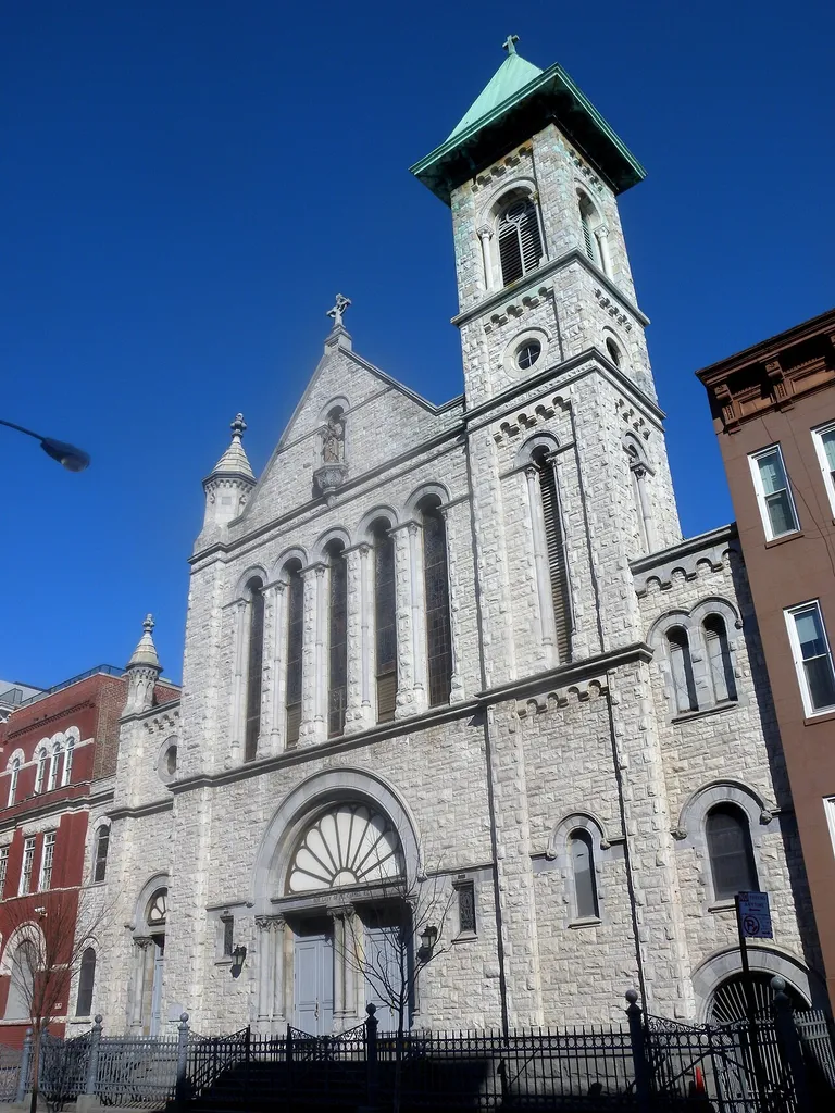 Looking north at Our Lady of Mt Carmel Church on a sunny midday.