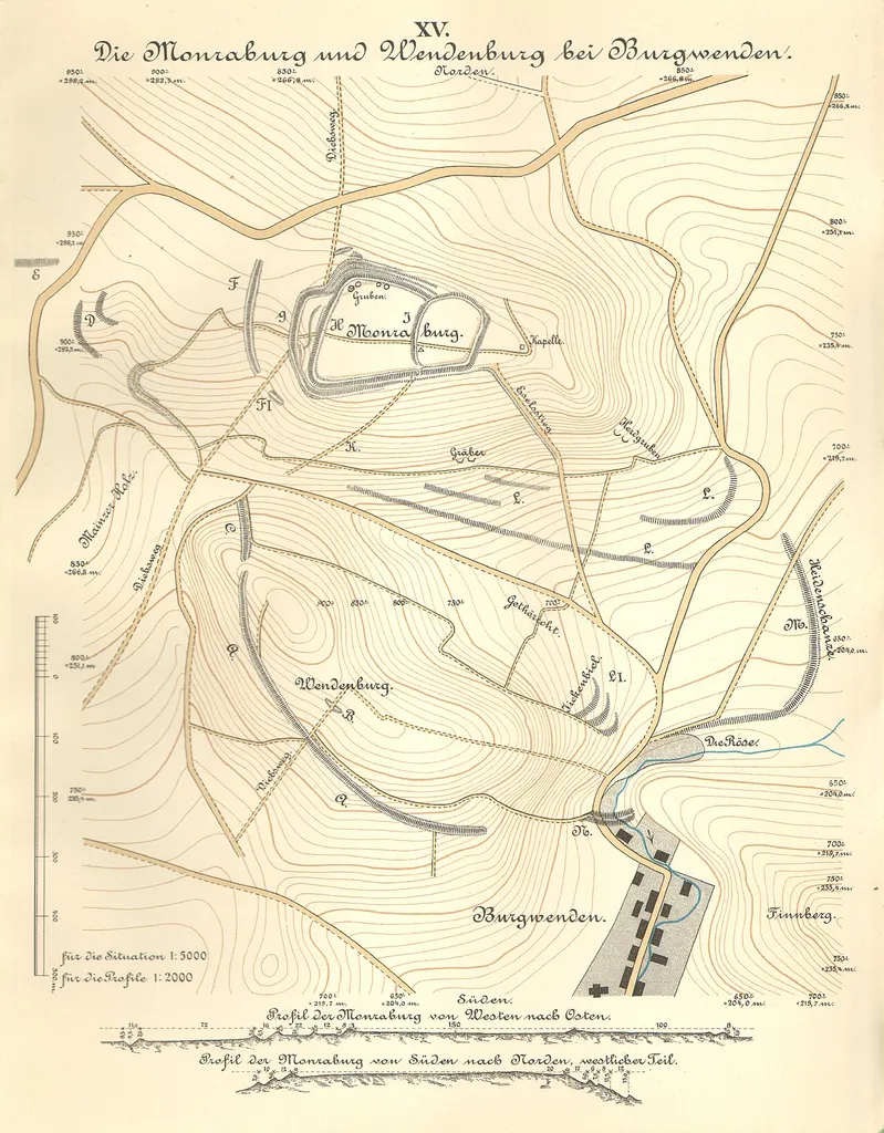 Plan der Monraburg und Wendenburg bei Burgwenden. (Maßstab 1:5000)