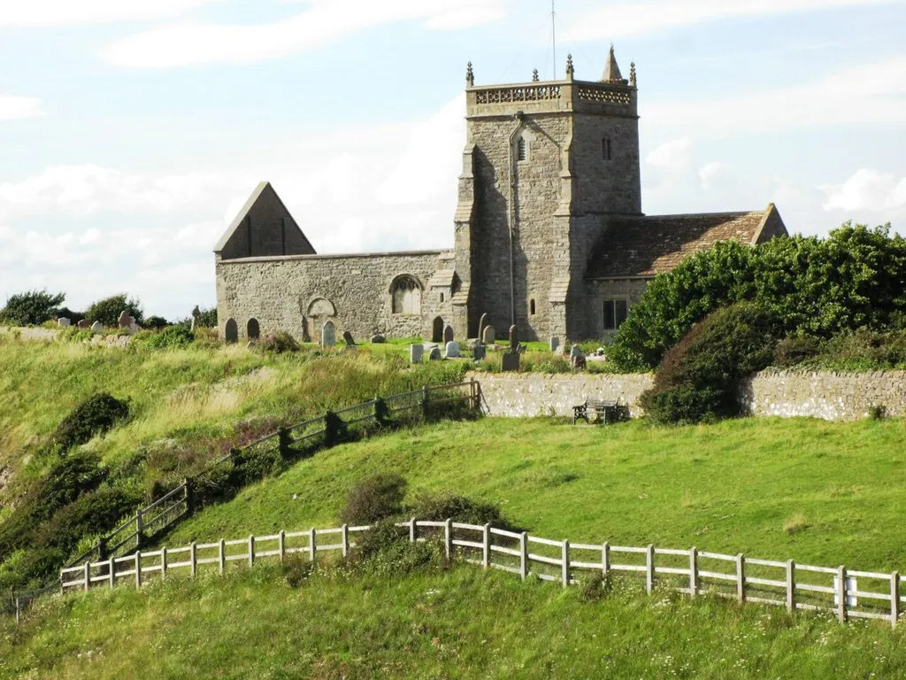 The old church of St Nicholas at Uphill, North Somerset, England, viewed from the south.
