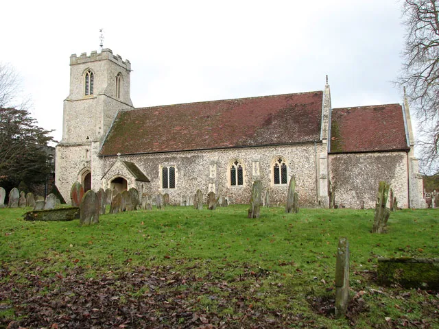 St Peter's church. The building dates from the 14th century but the chancel was rebuilt in 1855. The C14 octagonal font > 1707358 has survived, its cover is Jacobean. The royal arms for Charles I > 1707361 - overpainted for Charles II - came from the ruined Knettishall church which also provided the Jacobean pulpit > 1707339. The church houses a number of memorials, the most noteworthy of them to Sir Drue Drury > 1707353 who died in 1617 at the age of 99. He was Governor of the Tower of London and had guarded Mary Queen of Scots before her execution in 1587. The church is adjoined by Riddlesworth Hall > 1707322. The village of Riddlesworth is mentioned in Alan Davison's book 'Deserted Villages in Norfolk' as having been a small and moderately prosperous place in the 1340s. By 1584 it was tiny, consisting of manor house, church, rectory and 10 houses, and in the 1670s its size had dwindled to two houses and 15 people. Whether as a result of depopulation by the Drurys, the Lords of the Manor, is not known. The modern-day hamlet consists of Manor Farm, a handful of cottages and St Peter's church. The Hall, and attractive Georgian-style house surrounded by 30 acres of parkland, now functions as a school.