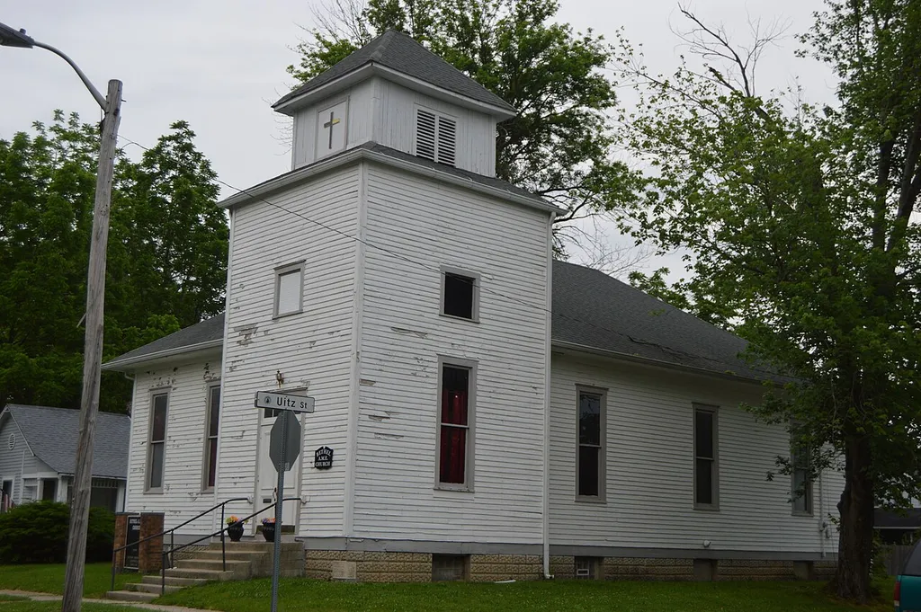 Front and western side of Bethel African Methodist Episcopal Church, located at 499 W. Madison Street in Franklin, Indiana, United States. Built in 1911, it is listed on the National Register of Historic Places.