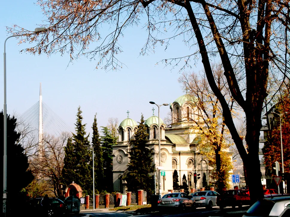 St. George church, Banovo Brdo (Belgrade) with the tip of the Ada Bridge in the distance (to the left)