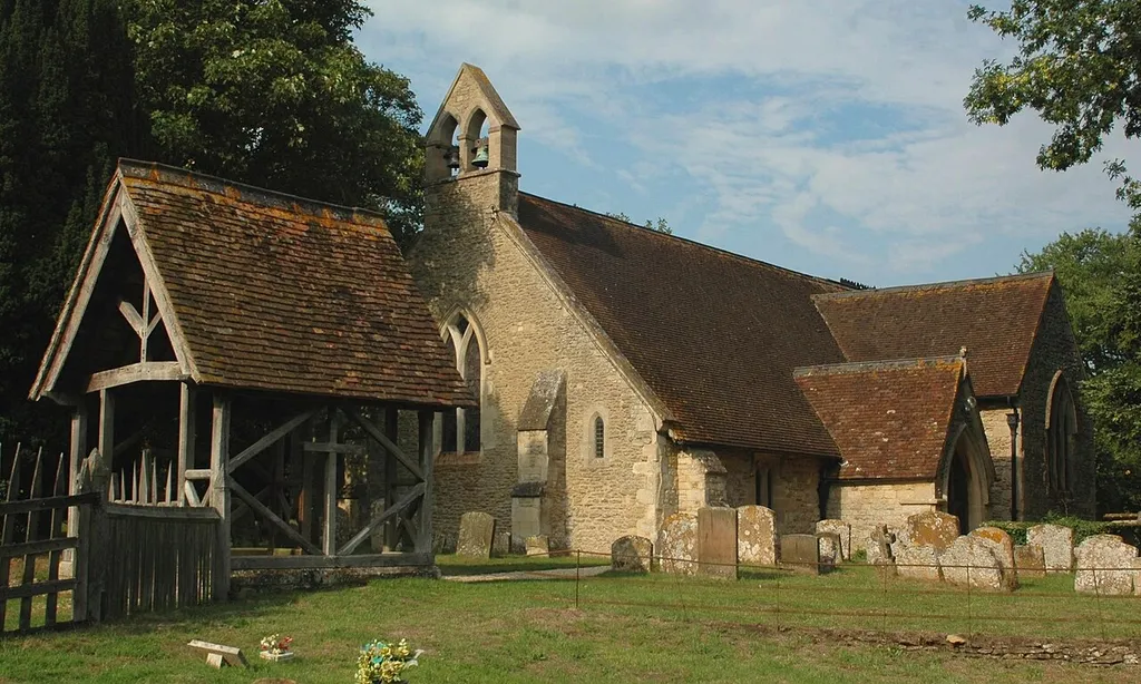 Church of England parish church of St Lawrence, Toot Baldon, Oxfordshire, seen from the southwest, with its lychgate