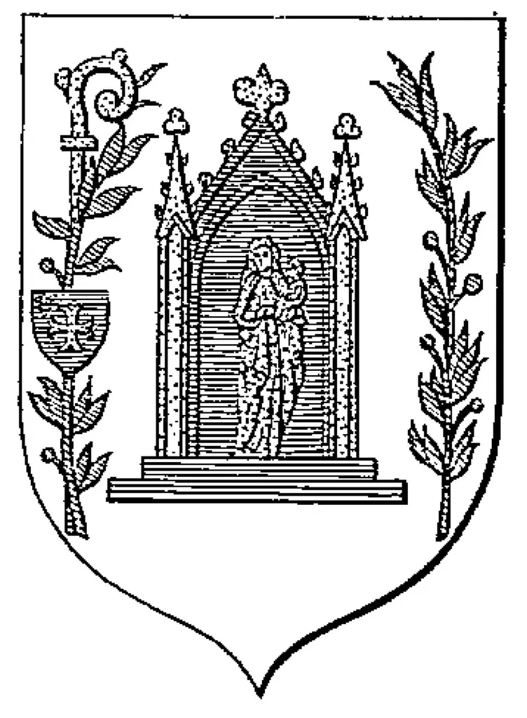 Armes de l'abbaye de Larrivour. Ce monastère portait : D'argent, à une niche gothique d'azur, les ornements d'or ; dans la niche, une Notre-Dame d'or ; à semestre, une branche de laurier de sinople, fleurie de gueules; à dextre, une autre branche de laurier de sinople, également fleurie de gueules, soutenant un écusson d'azur chargé d'une croix ancrée d'or et cantonné d'une fleur de lys d'argent; le tout, soutenu par une crosse abbatiale d'or.