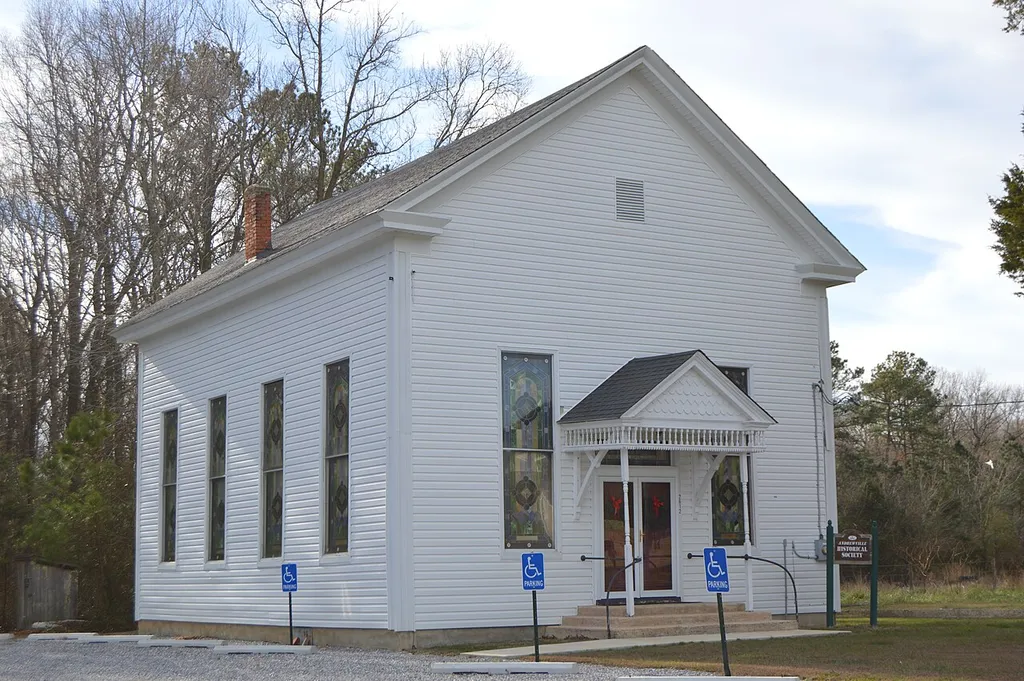 Front and eastern side of the former Bethel Methodist Protestant Church (now the local historical society), located on Andrewville Road at Andrewville, Delaware, United States. Built in 1871, it is listed on the National Register of Historic Places.