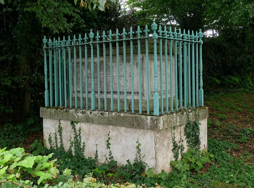 A view from the northwest of the Grade II listed monument to the Rogers family, located in the northeast corner of the churchyard around Saint Mary's Tower, Hornsey. This is a photo of listed building number 1244865.