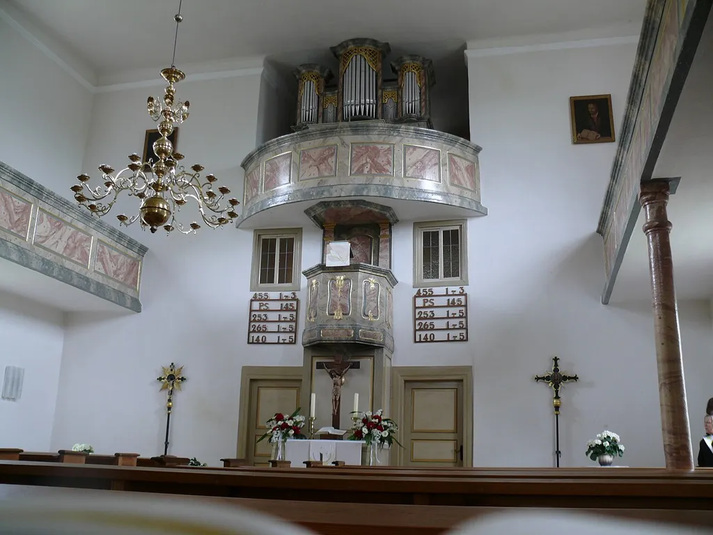 Interior of the protestant church in Freudenbach (a district of Creglingen, Germany), looking to the altar.