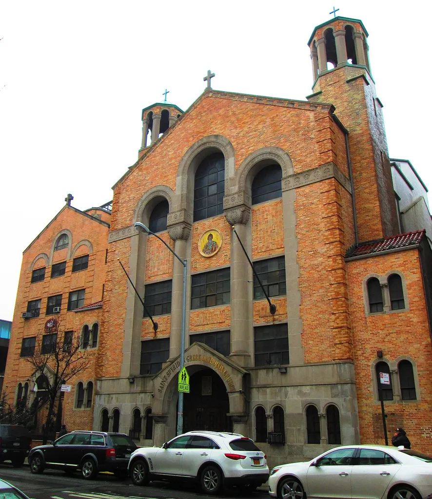 The Washington Heights Hellenic Church of St. Spyridon, at 124 Wadsworth Avenue near the corner of West 179th Street in the Washington Heights neighborhood of Manhattan, New York City, was built in 1951-54 and was designed by Kokkins &amp; Lyras. The congregation was founded in 1931. (Source: From Abyssinian to Zion (2004))