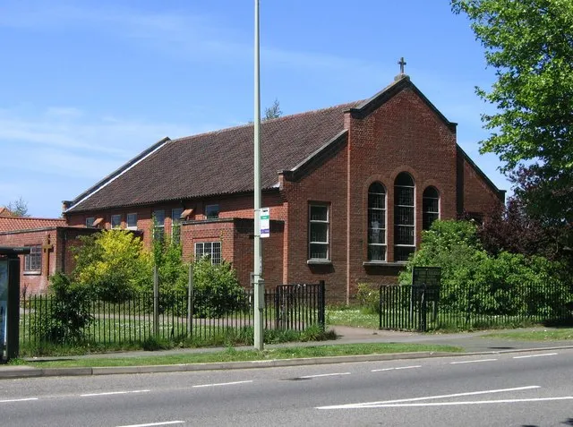 St Anne's parish church, Colman Road, Earlham, Norwich, seen from the southeast. Built in 1950–51 to replace a church that was built in 1927 and destroyed by enemy action in 1942.