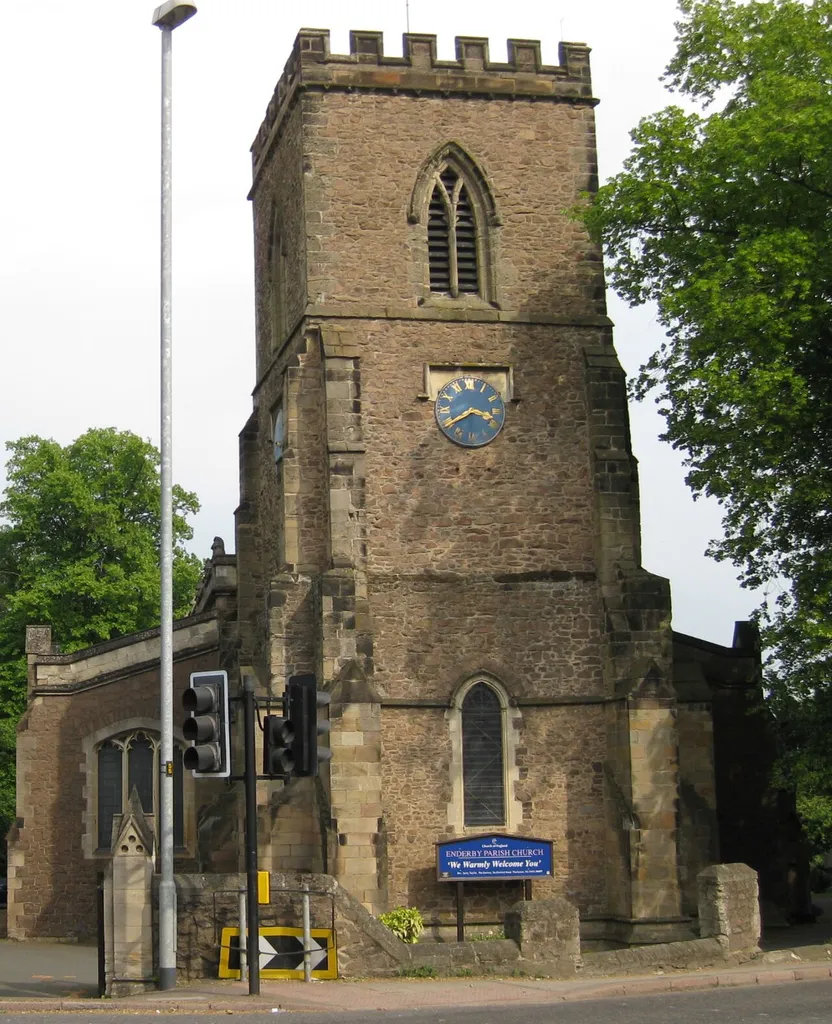 14th-century west tower of St John the Baptist parish church, Blaby Road, Enderby, Leicestershire