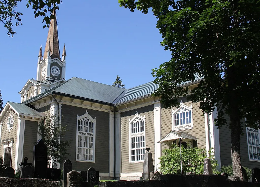 Urjala church, Urjala, Finland. Originally designed by Martti Tolpo, modifications in 1869 designed by architect Carl Albert Edelfelt. Completed in 1806. - Seen from southeast.