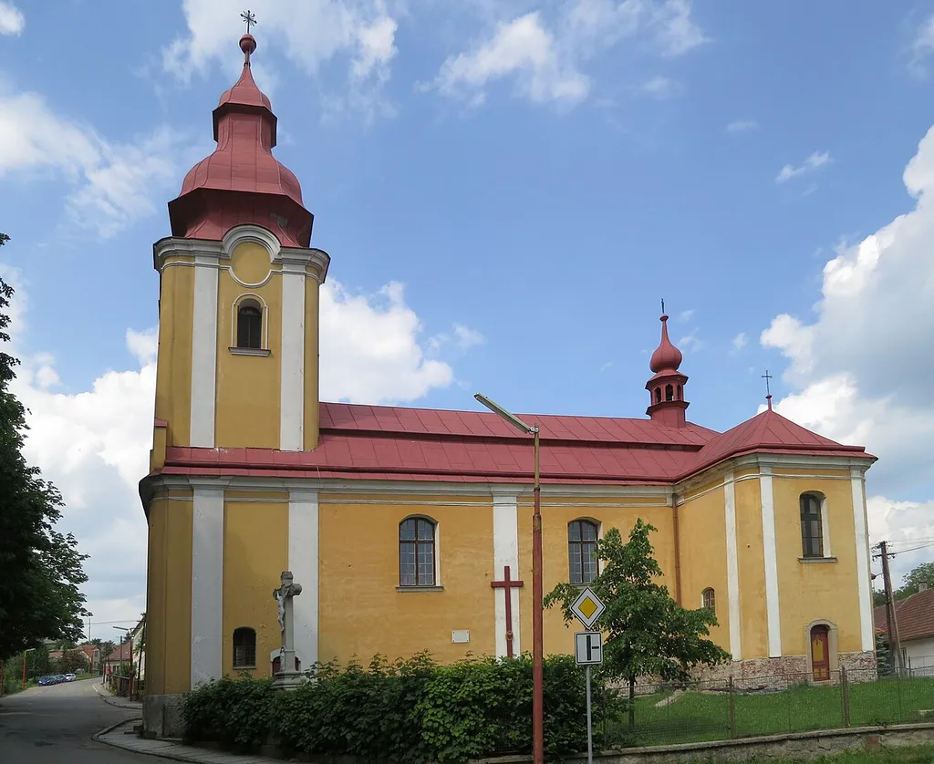 Overview of church of Saint Lawrence in Krasonice, Jihlava District.