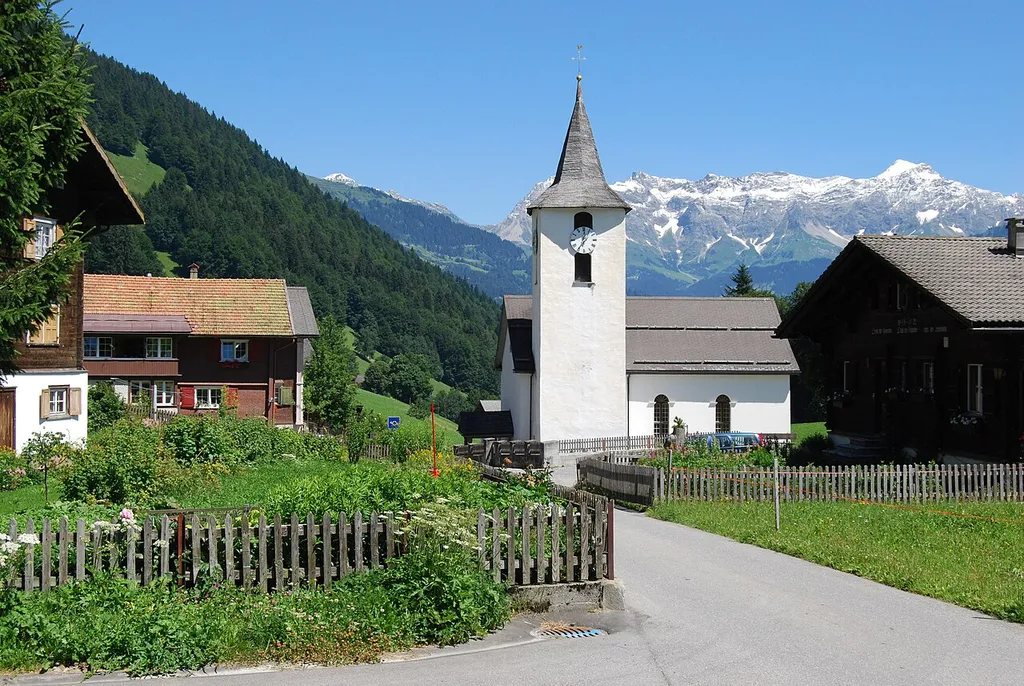 View on Valzeina with its church and former post office.