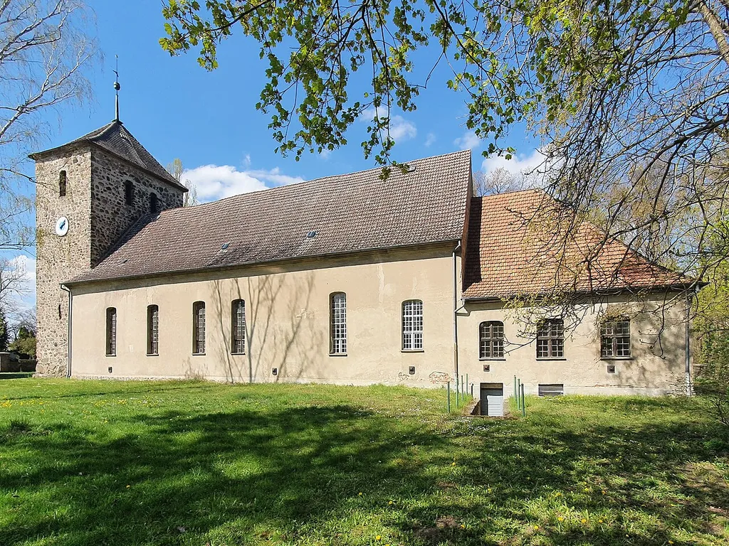 South-eastern view of the church "Hoffnungskirche" in Alt Rüdersdorf (Picture: 2022), Rüdersdorf municipality, Märkisch-Oderland district, Brandenburg state, Germany.