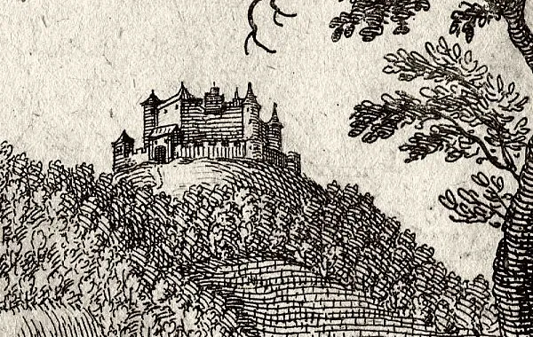 Burg Höhingen in Achkarren, Ausschnitt aus dem Kupferstich von Matthäus Merian von 1644 (gest. 1650)