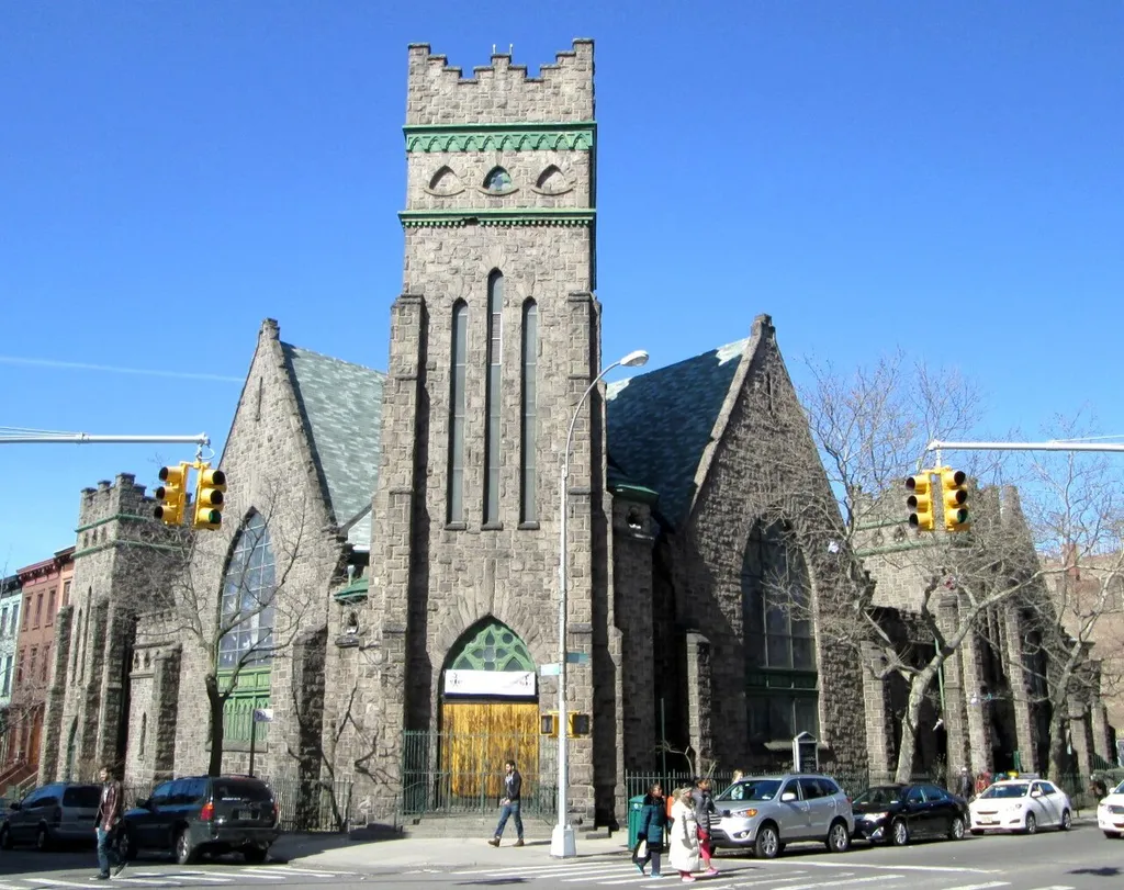 The Greenwood Baptist Church at 461 6th Street on the corner of Seventh Avenue in the Park Slope neighborhood of Brooklyn, New York City was founded in 1855 and the current church, in the Gothic Revival style, was built in 1900 and expanded in 1914 with the addition of a tower at an angle to the original structure. (Source: NYCAGO)