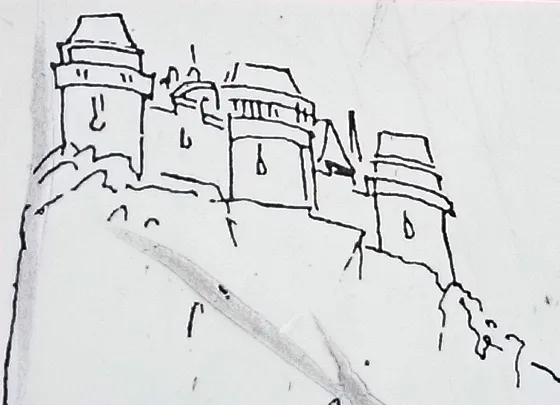 Old castle on Kalvarija Polhov gradec; sketch from 16th century